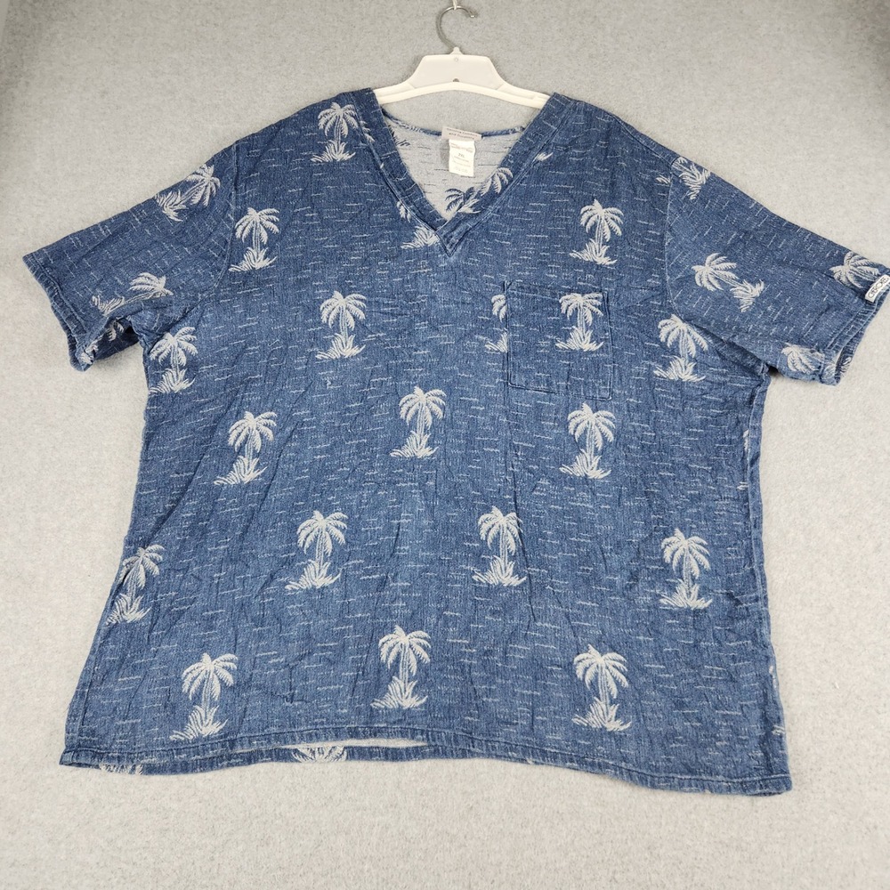 Cherokee Scrub Top Mens 2XL Blue Palm Tree Print Single Pocket Short Sleeve